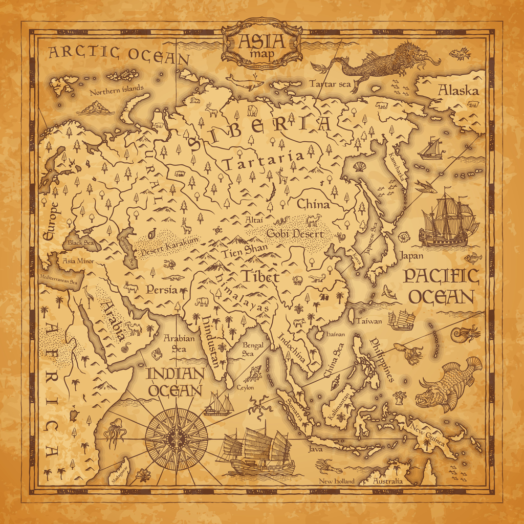 Vintage map of Asia, vector ancient parchment with asian continent with mountain ranges, rivers and lakes names, ocean wind rose, mythological sea beasts, ship, medieval territory on aged old paper